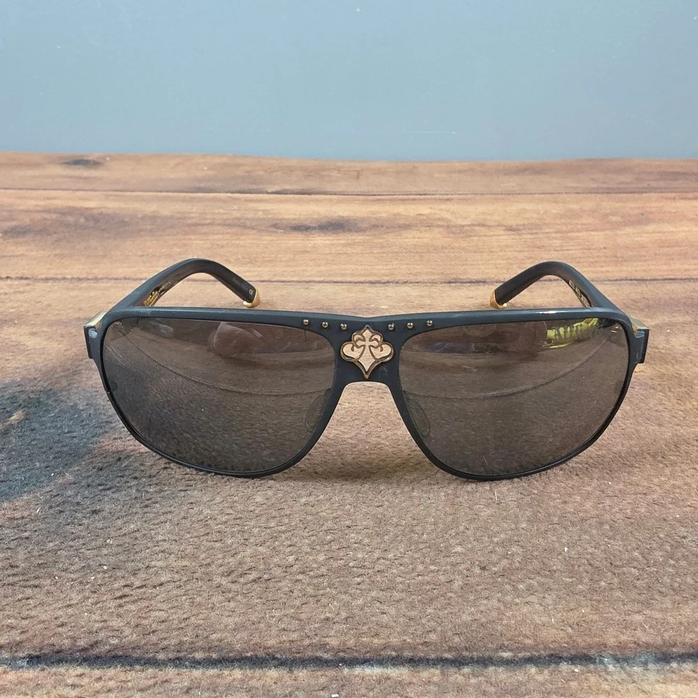 Affliction Rebel Sunglasses Mens OS Black Gold Good Fleur De Lis Gothic Aviator
